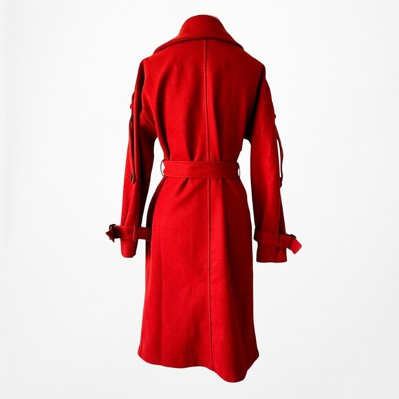 Red Oversized Belted Trench Coat Peacoat Style Long Jacket Size XS/S/M - Picture 10 of 10